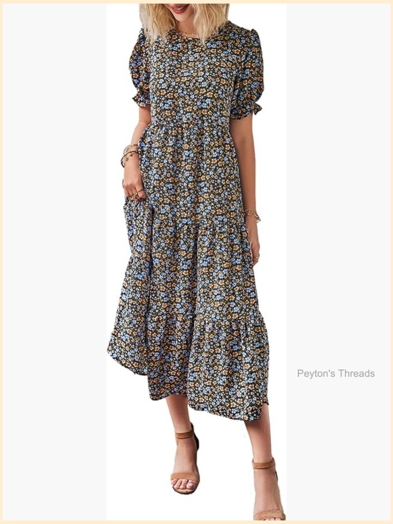Floral Boho Midi Sundress With Puff Short Sleeve Flowy Beach Vacation Dress